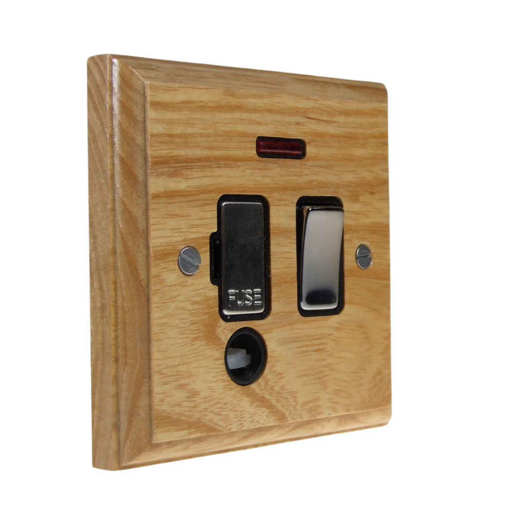 Classic Ash Switch Fuse Spur Satin Stanless and Black with Neon and Cord Outlet