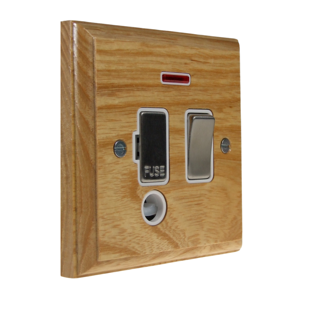 Classic Ash Switch Fuse Spur Satin Stainless and White with Neon and Cord Outlet