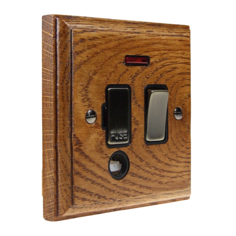 Classic Medium Oak Switch Fuse Spur Antique Brass and Black with Neon and Cord Outlet