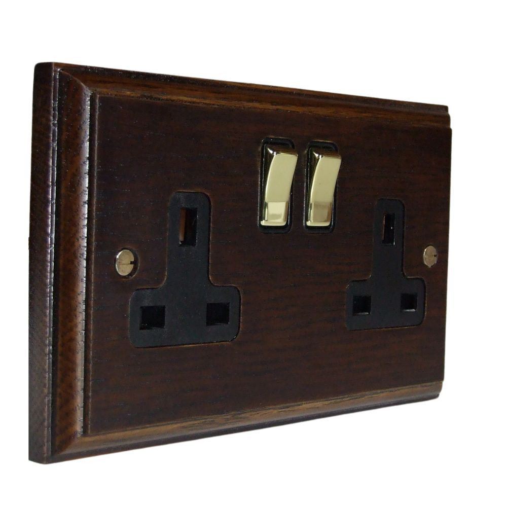 Classic Dark Oak Double Switched Socket Polished Brass and Black