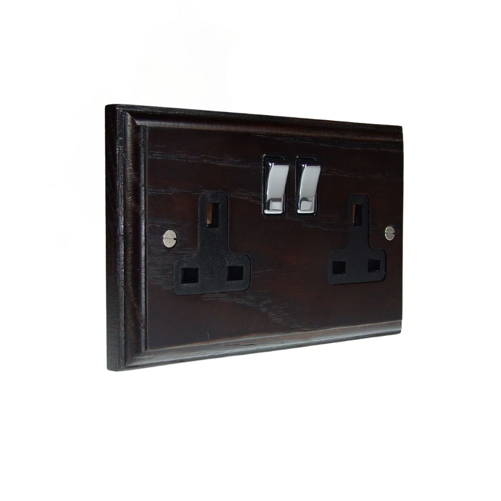 Classic Dark Oak Double Switched Socket Polished Chrome and Black