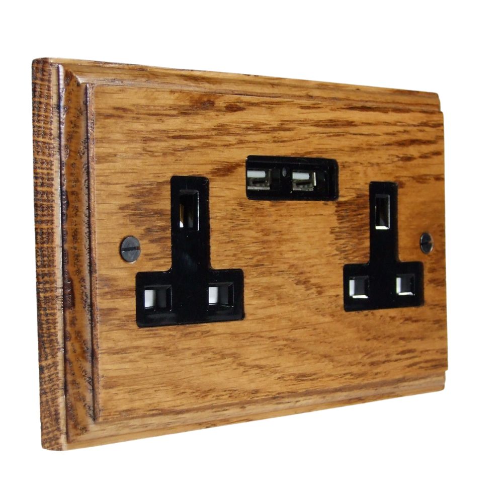 Classic Medium Oak Double Unswitched USB Socket Black