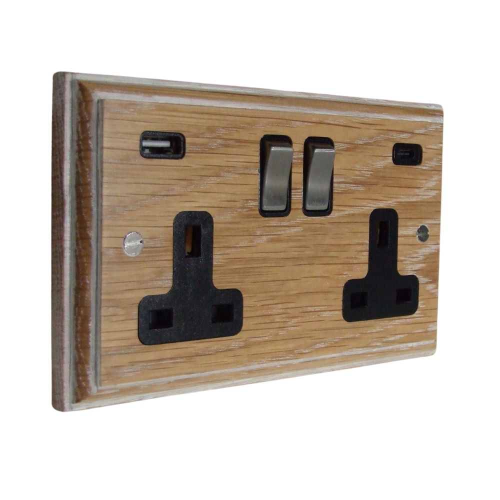 Classic Limed Oak Double Switched Socket with A+C USB Satin Stainless and Black