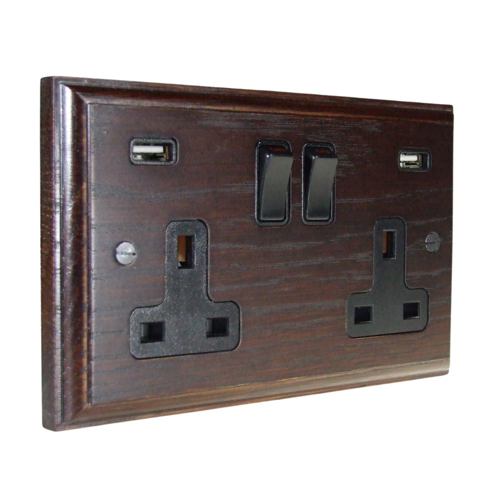 Classic Dark Oak Double Switched USB Socket Black