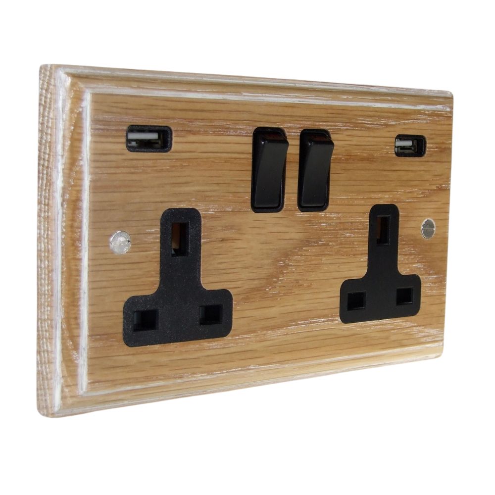 Classic Limed Oak Double Switched Socket with USB Black