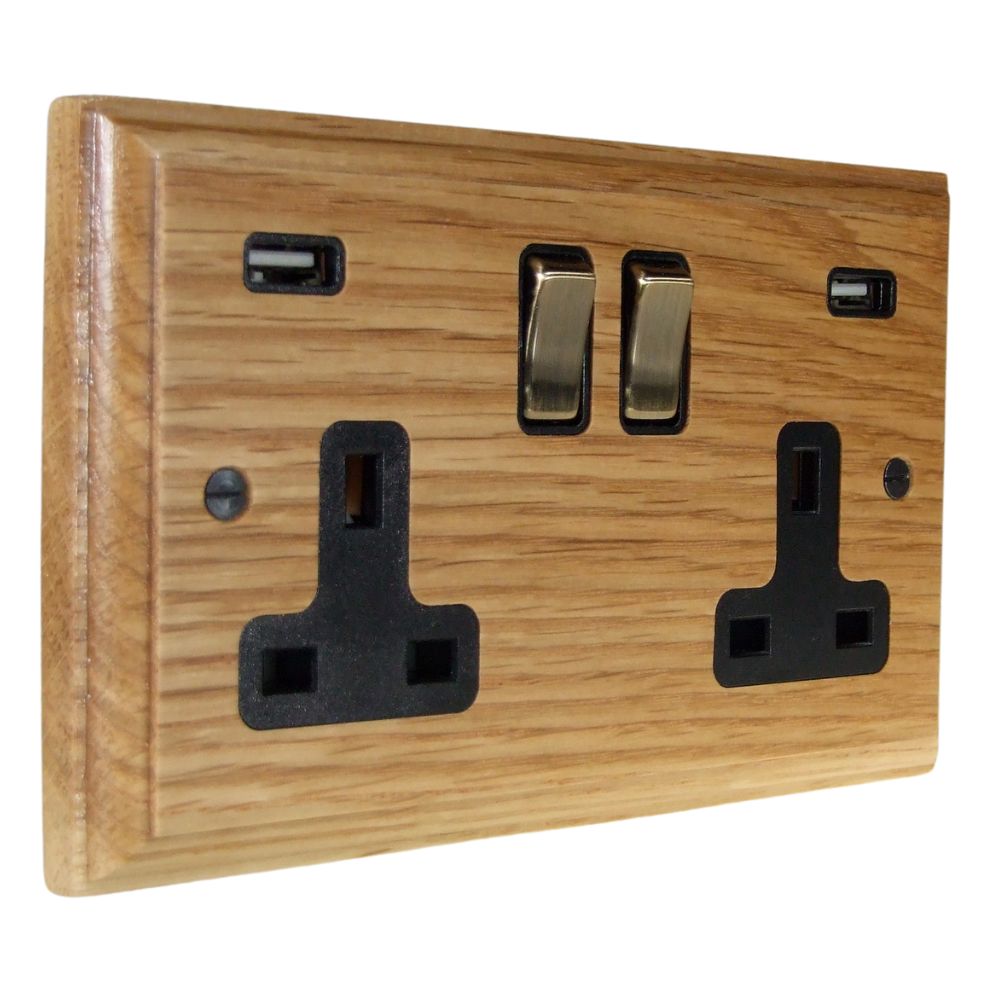 Classic Oak Double Switched Socket with USB Antique Brass and Black