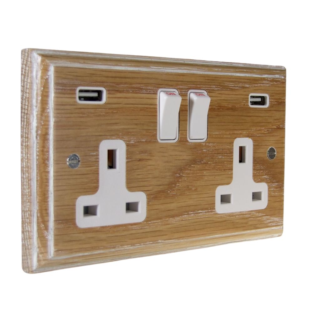 Classic Limed Oak Double Switched Socket with USB White
