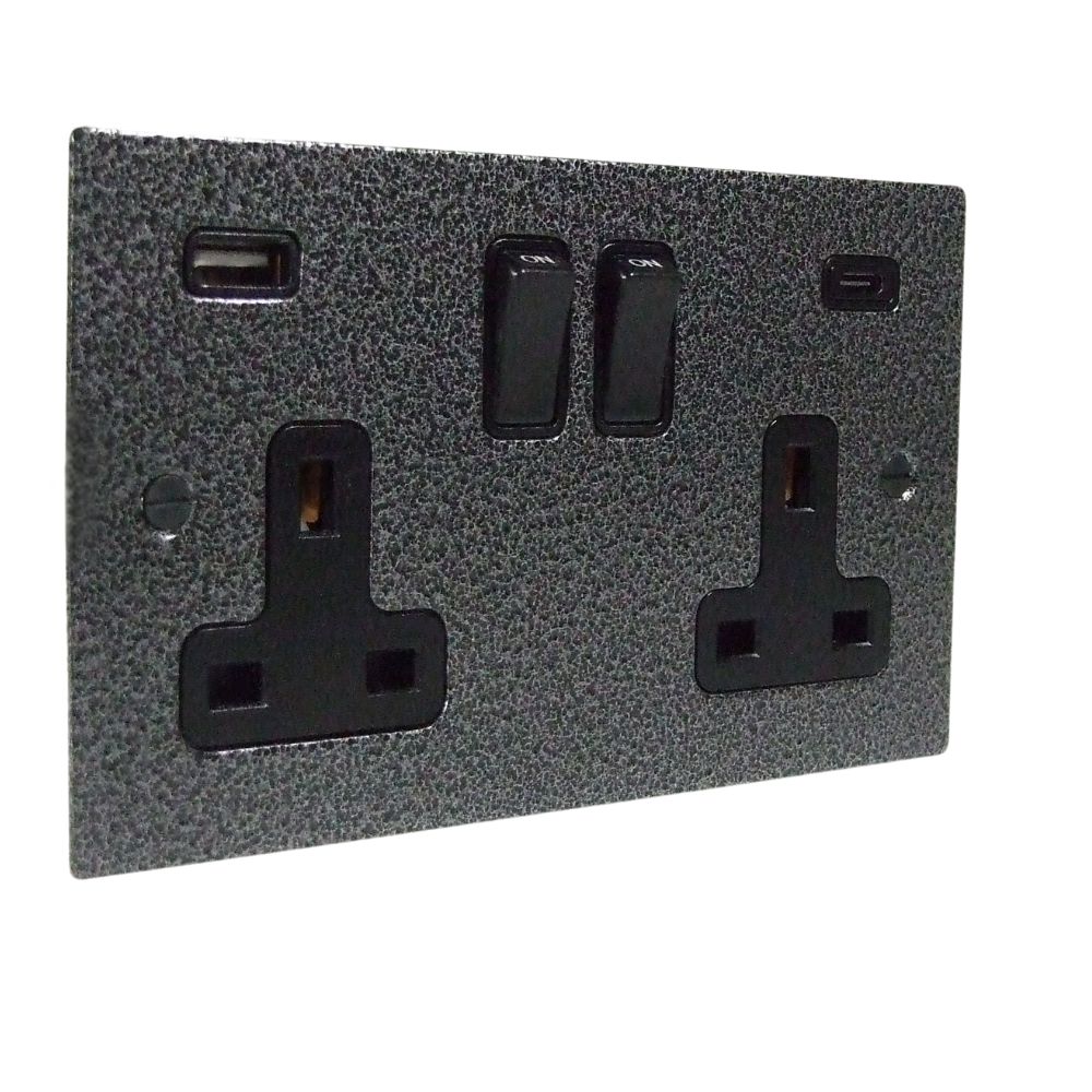 Elements 2-Gang 13-Amp Switched USB A+C Socket in Silver Crackle