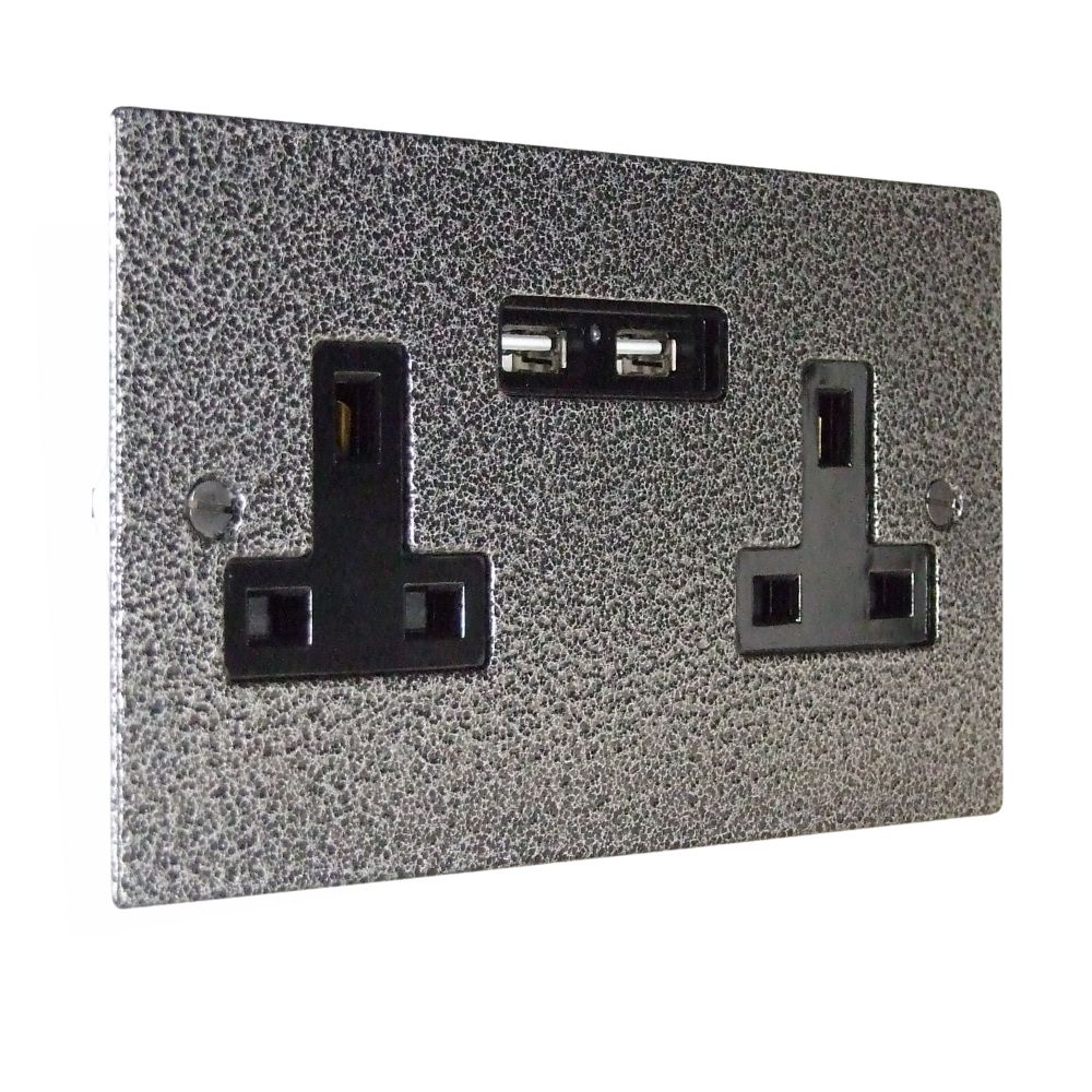 Elements Unswitched Socket with USB Charging in Silver Crackle