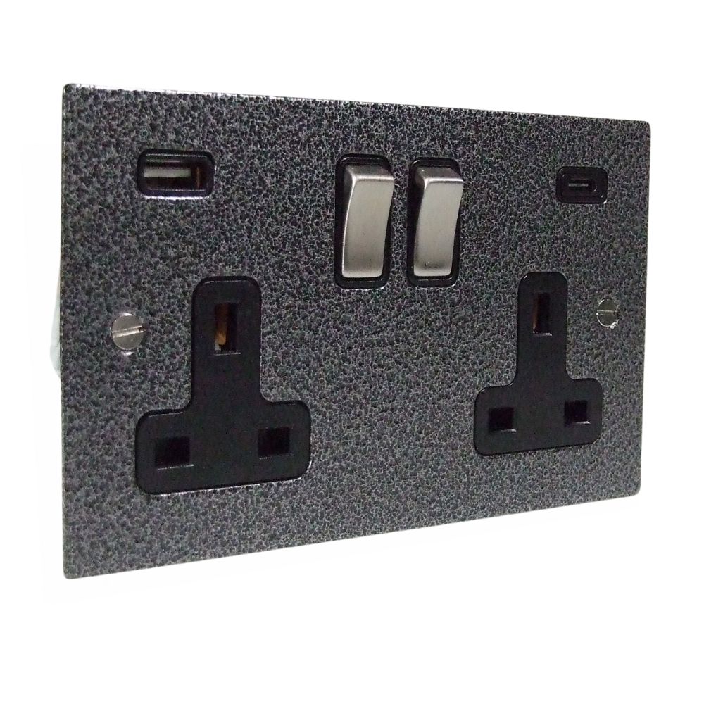 Elements 2-Gang 13-Amp Switched USB A+C Socket in Silver Crackle
