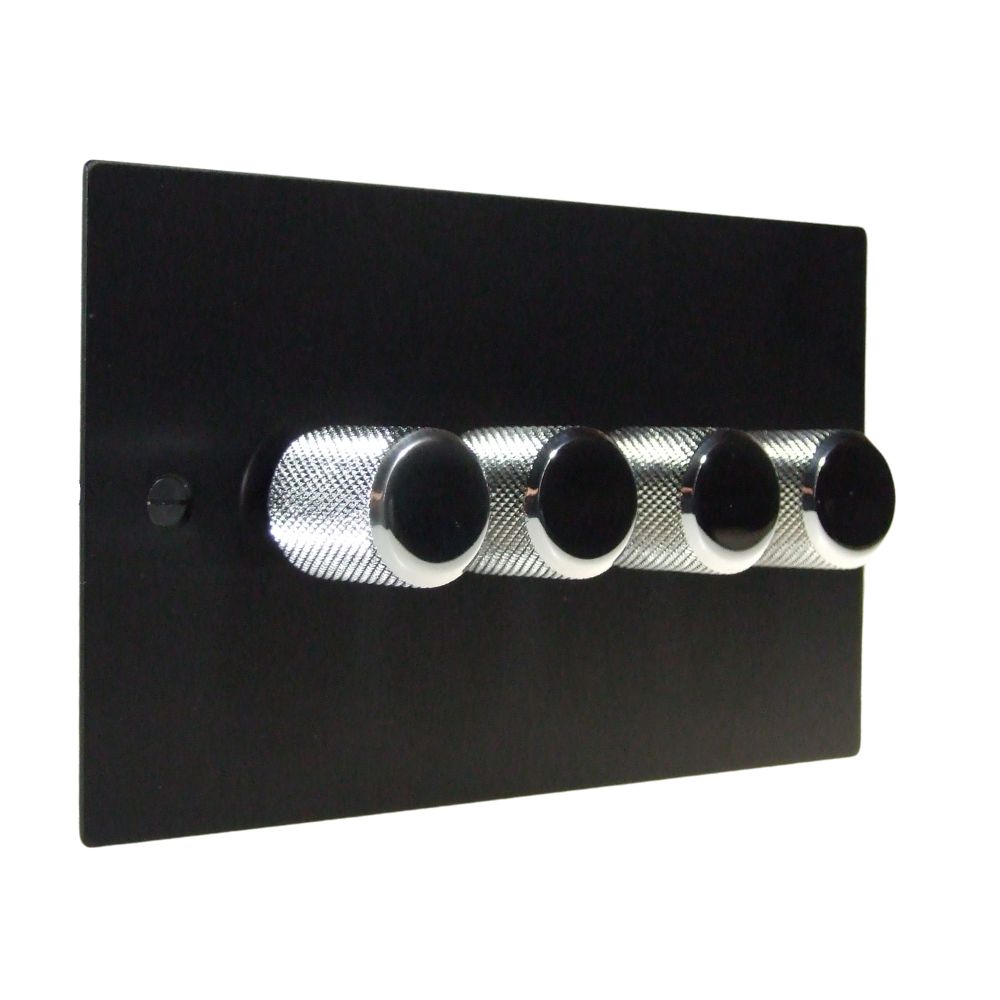 Satin Black Metal Flat Plate 4 Switch LED Dimmer Light Switch Retro Chrome Caps