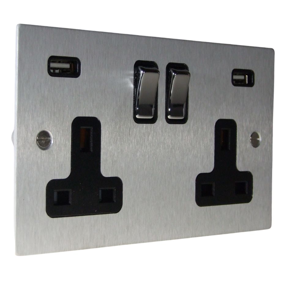 Satin Silver Metal Flat Plate Double Switched USB Socket Polished Chrome Black