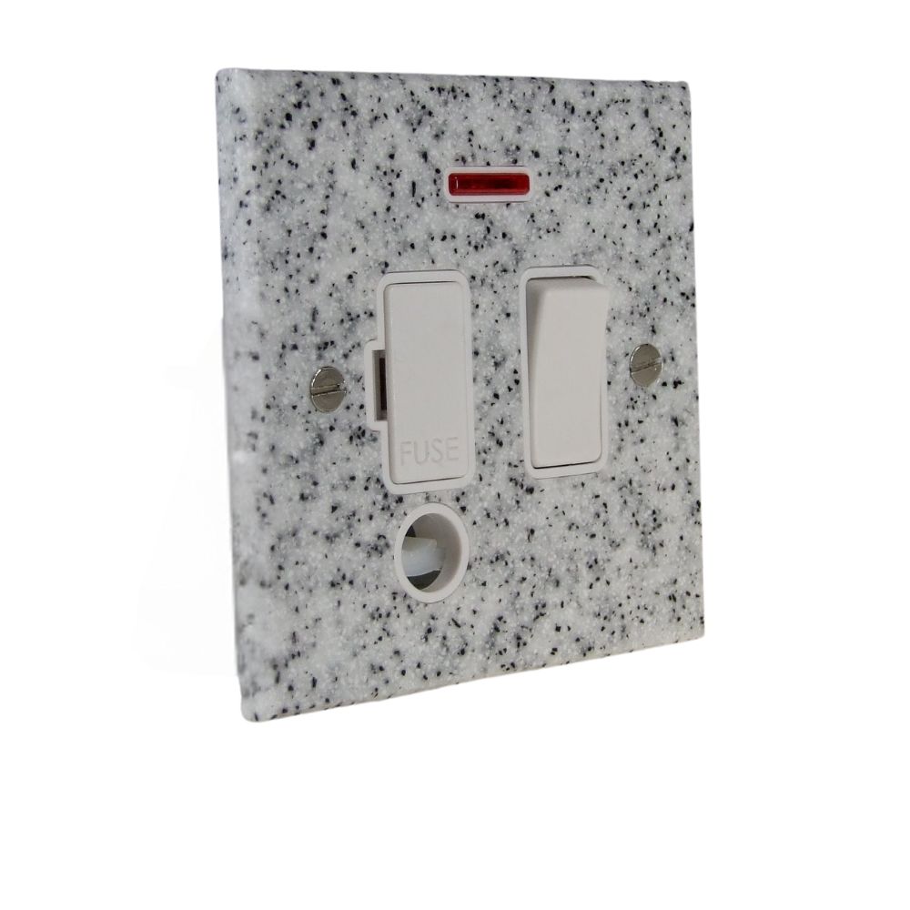 Grey Sand Acrylic Resin Single Switch Fuse Spur with Neon and Cord Outlet White