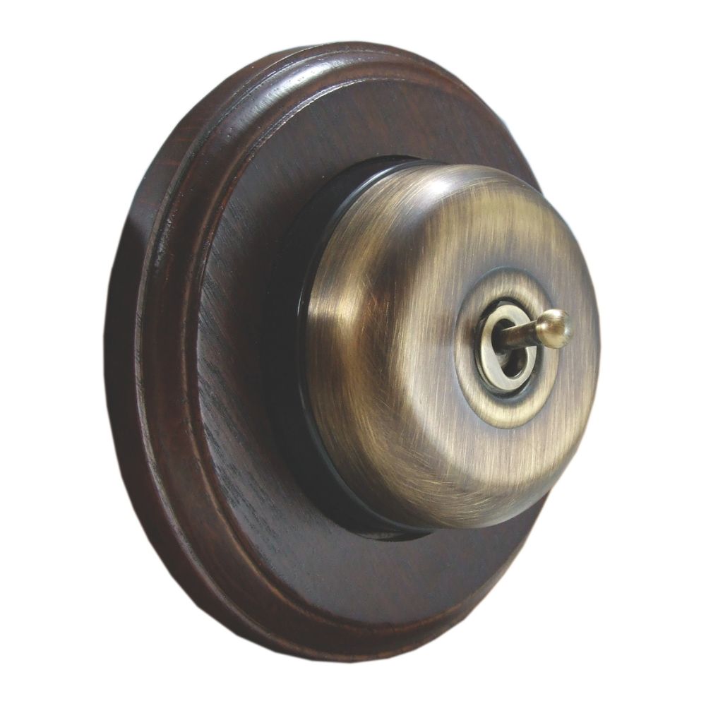 Period Smooth Antique Brass Dome Single Dolly Light Switch Dark Oak Black Round Base