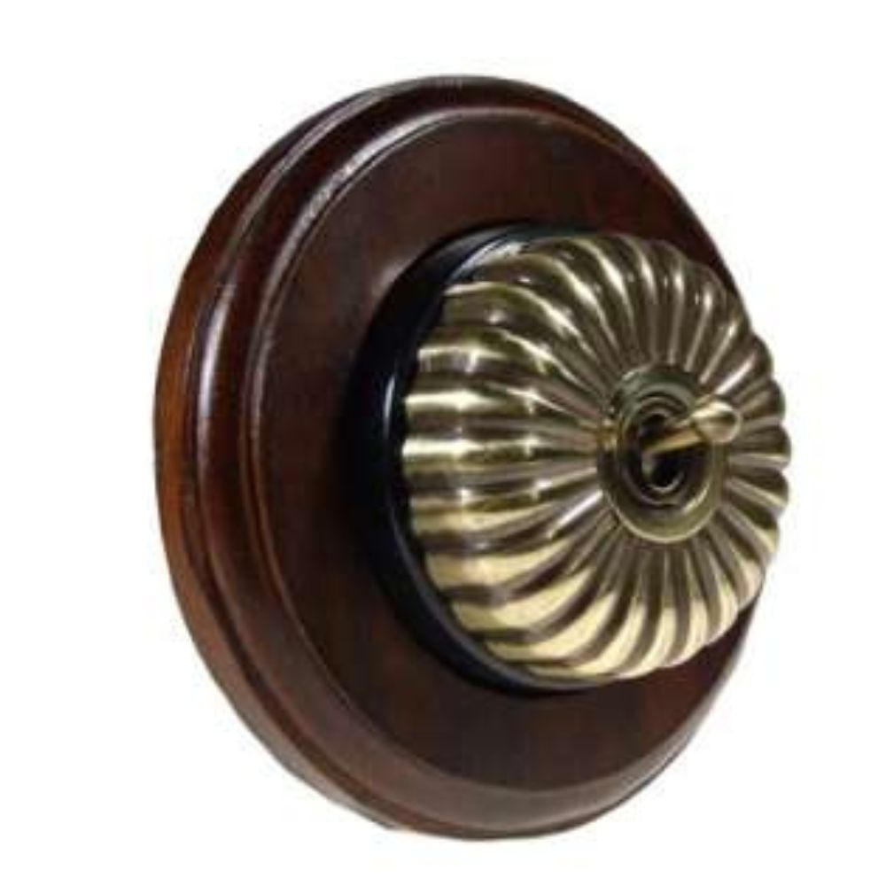 Period Fluted Antique Brass Dome Single Dolly Light Switch Dark Oak Black Round Base