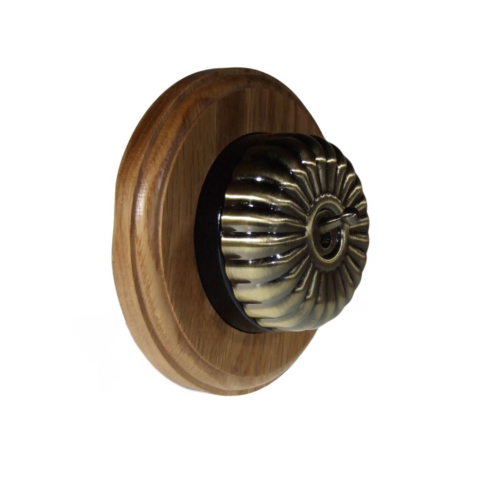 Period Fluted Antique Brass Dome Single Dolly Light Switch Oak Black Round Base