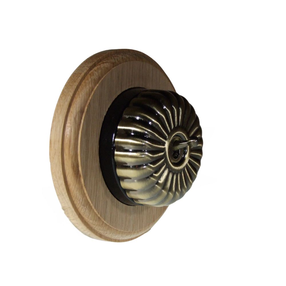 Period Fluted Antique Brass Dome Single Intermediate Dolly Light Switch Unfinished Oak Black Round Base