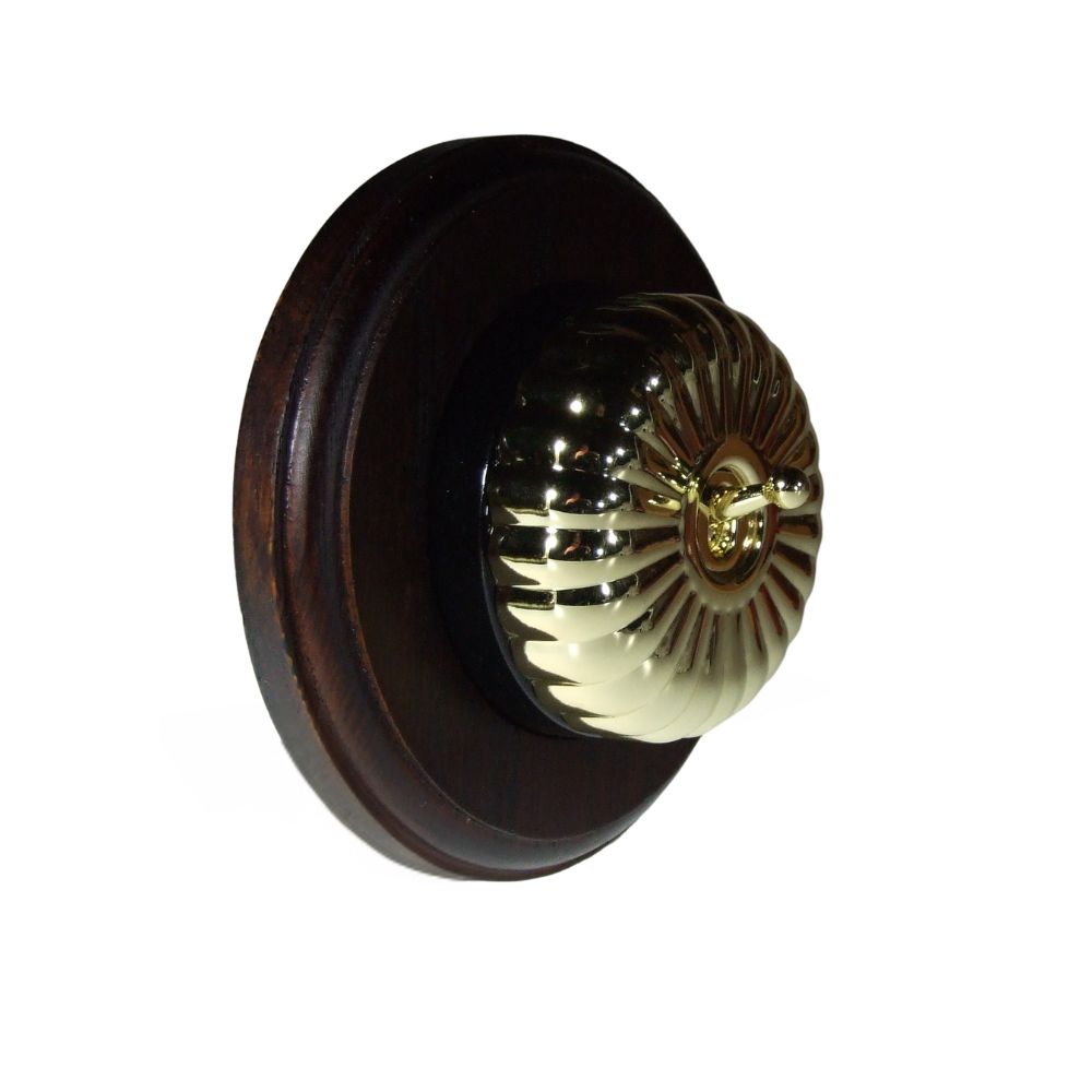 Period Fluted Polished Brass Dome Single Dolly Light Switch Dark Oak Black Round Base