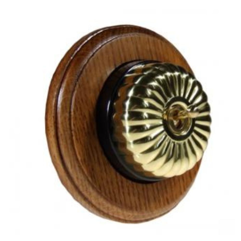 Period Fluted Polished Brass Dome Single Dolly Light Switch Medium Oak Black Round Base