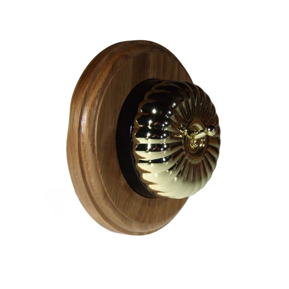 Period Fluted Polished Brass Dome Single Dolly Light Switch Oak Black Round Base