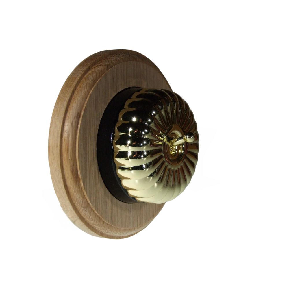 Period Fluted Polished Brass Dome Single Dolly Light Switch Unfinished Oak Black Round Base