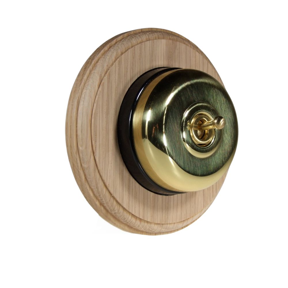 Period Smooth Polished Brass Dome Single Dolly Light Switch Unfinished Oak Black Round Base