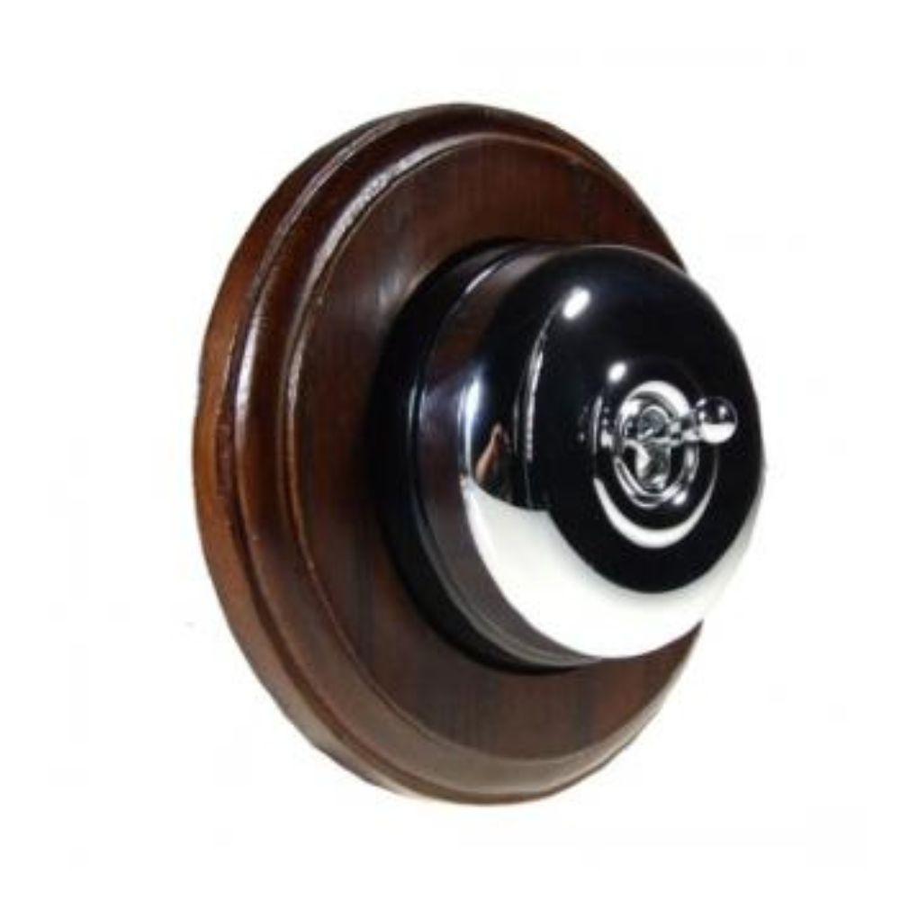Period Smooth Polished Chrome Dome Single Dolly Light Switch Dark Oak Black Round Base