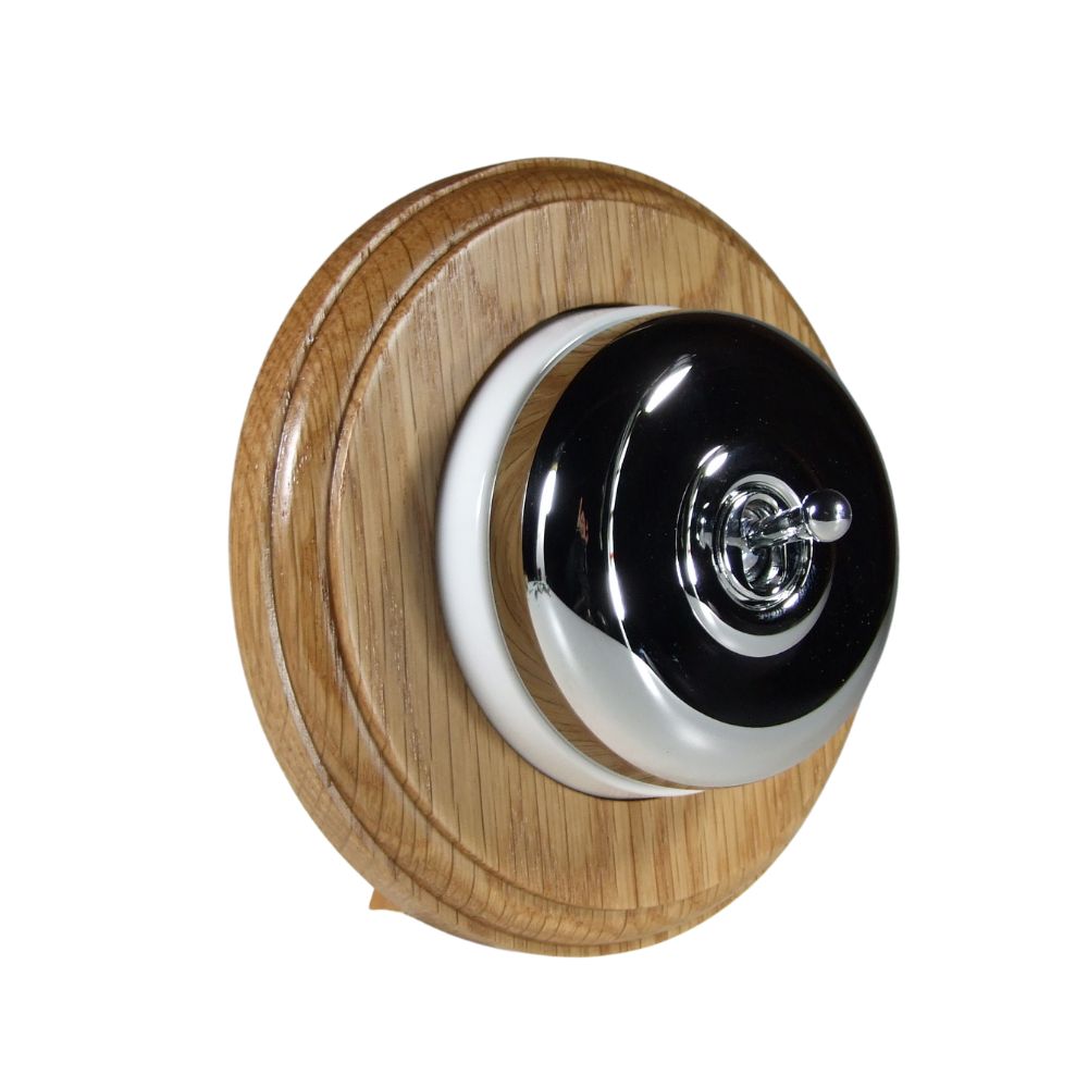 Period Smooth Polished Chrome Dome Single Intermediate Dolly Light Switch Oak White Round Base