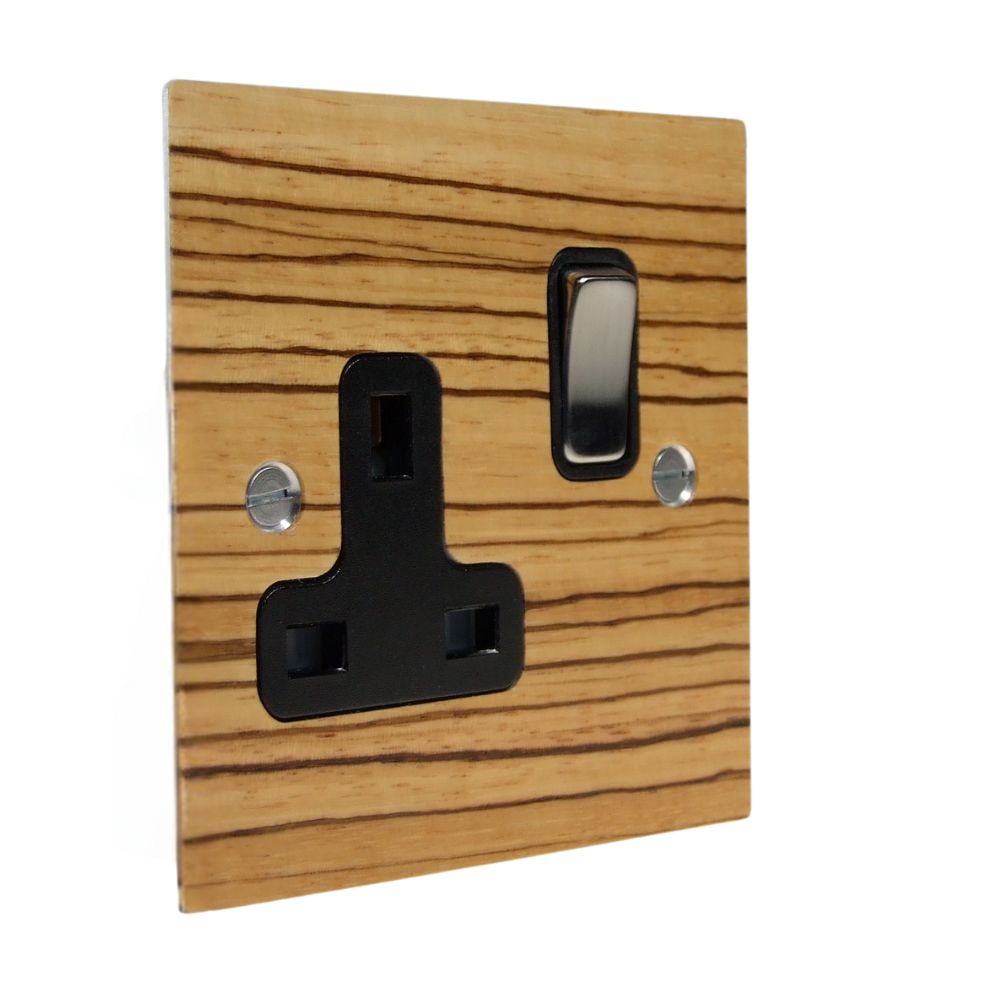 Zebranno Veneer Single Switched Socket Satin Stainless and Black