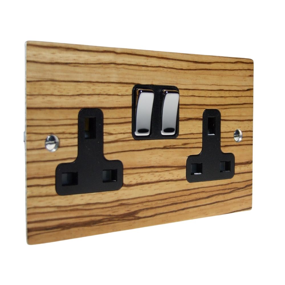 Zebranno Veneer Double Switched Socket Polished Chrome and Black