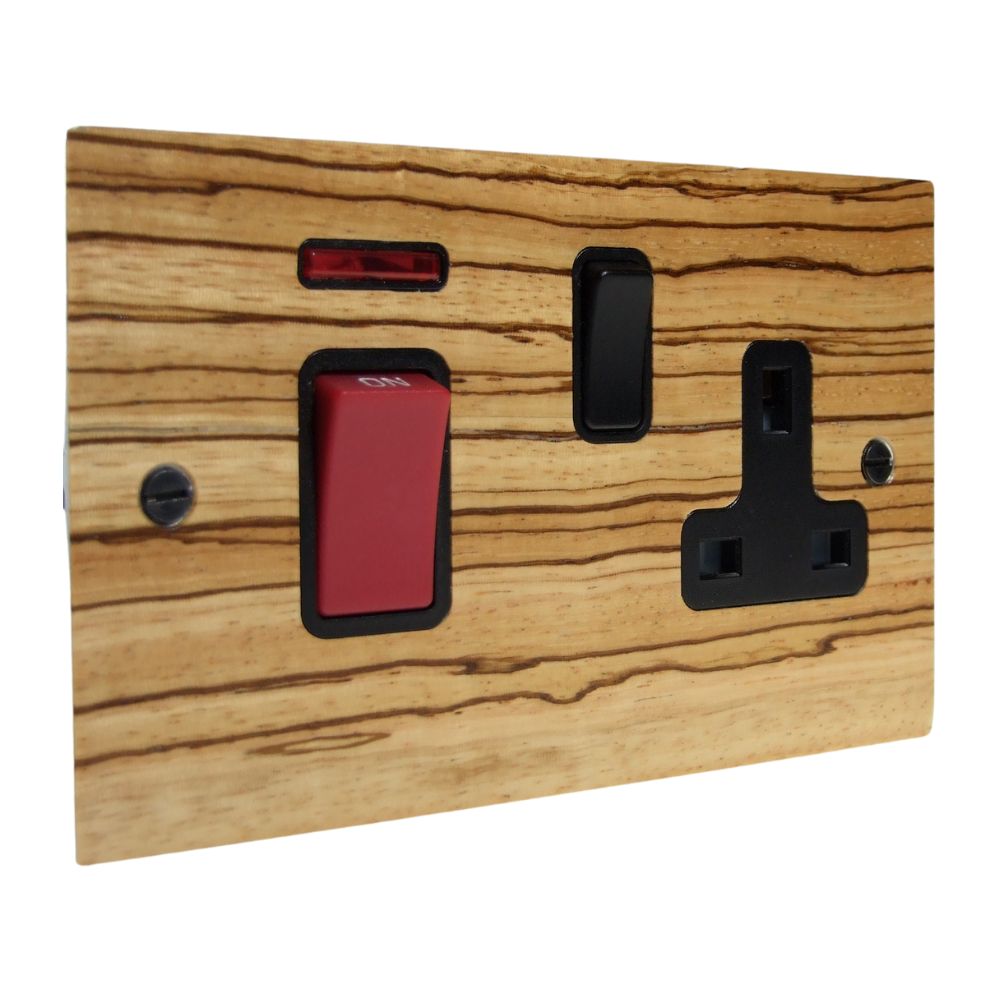 Zebranno Veneer Double Pole Cooker Switch with Single Switched Socket Black