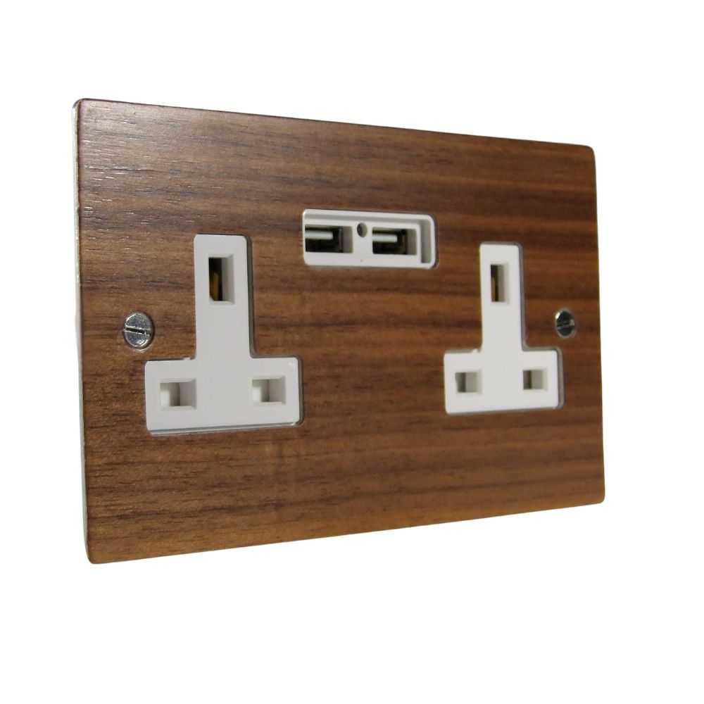 Walnut Veneer Unswitched Double Socket with USB White
