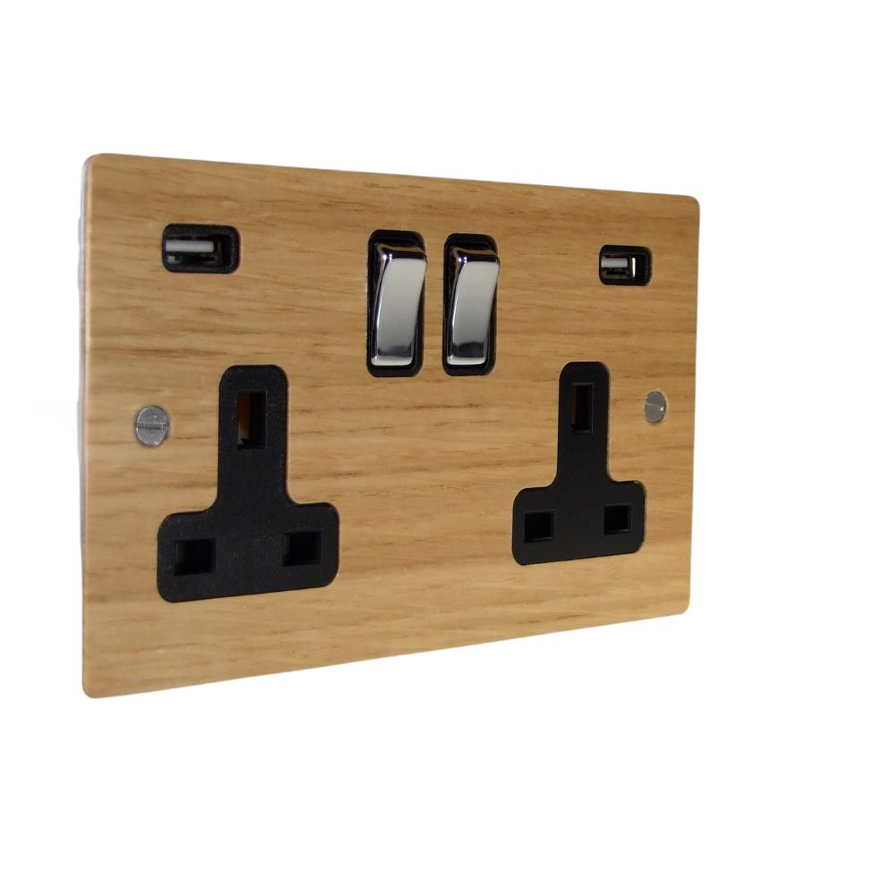 Oak Veneer Double Switched Socket with USB Polished Chrome and Black